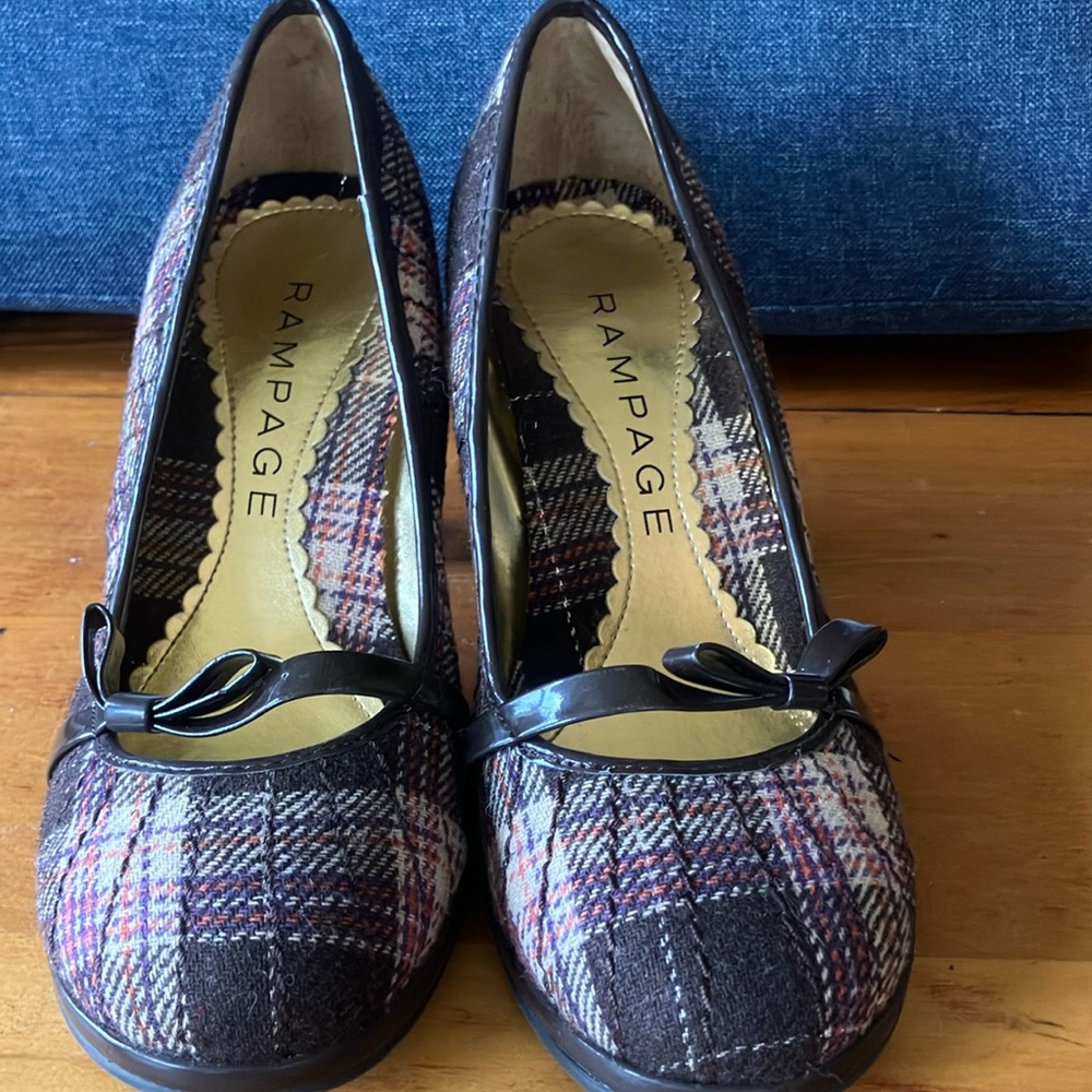 Rampage Brown Plaid Heels with Bow Accent